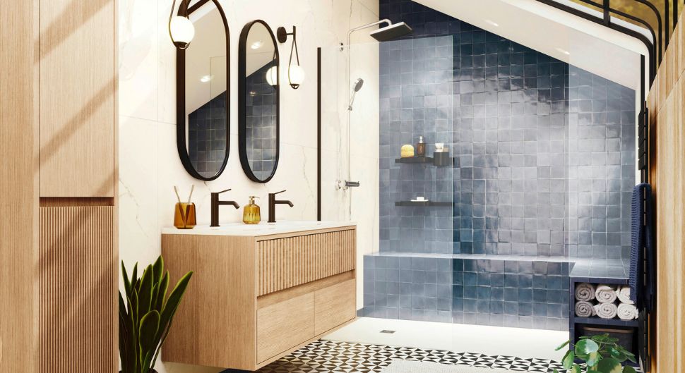 Salle de bain adaptée aux personnes à mobilité réduite avec barres de maintien